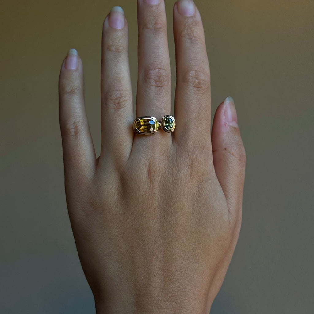 Handmade 14k gold green and brown zircon statement ring by em jono