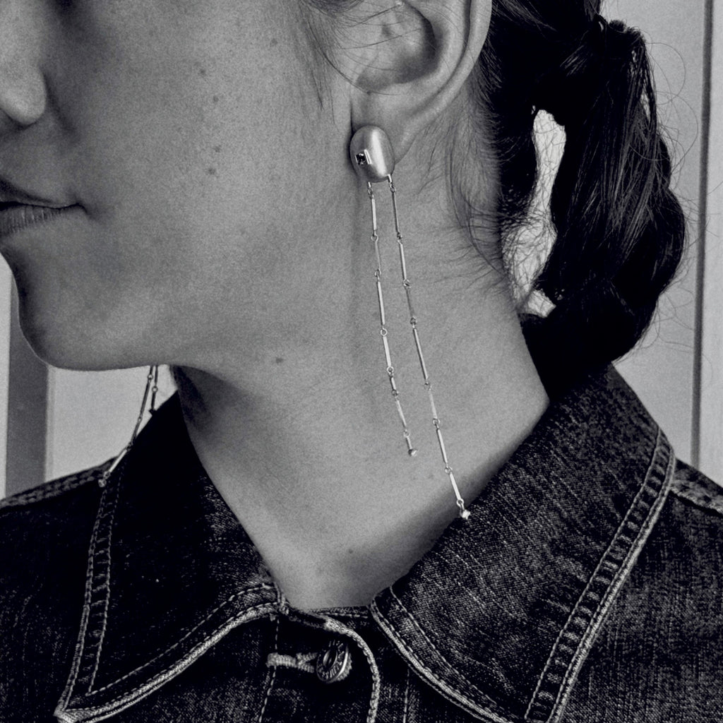 Handmade unique sterling silver statement earrings with natural light blue sapphires and diamond dangles by em jono