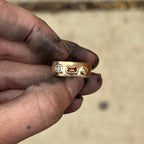 Handmade one of a kind 14k gold cigar band ring with natural blue/red sapphires and brown diamond by em jono