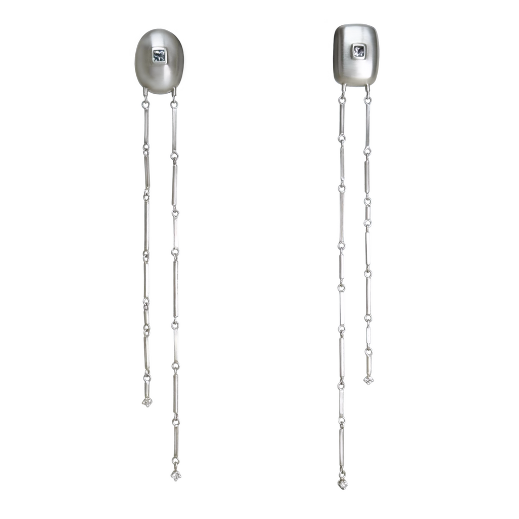 Handmade unique sterling silver statement earrings with natural light blue sapphires and diamond dangles by em jono 