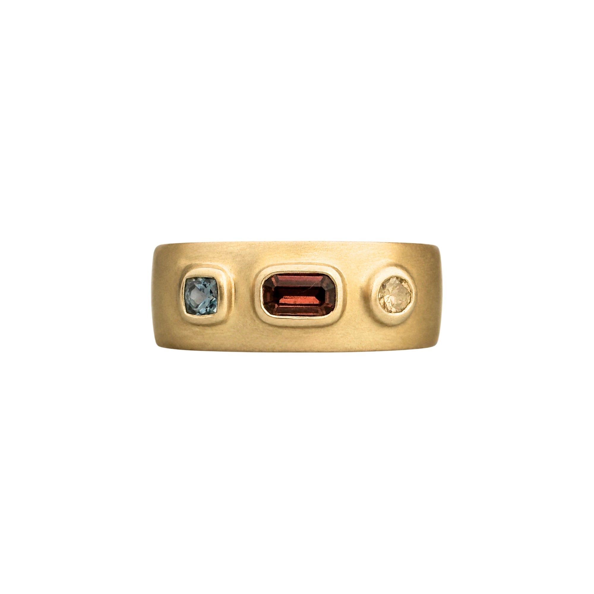 Handmade one of a kind 14k gold cigar band ring with natural blue/red sapphires and brown diamond by em jono