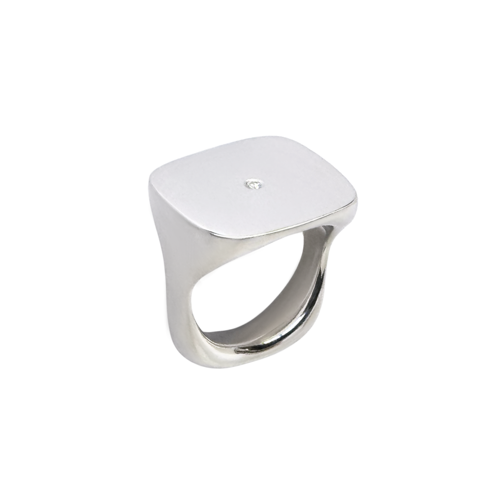 Handmade chunky sterling silver square ring with diamond by em jono 