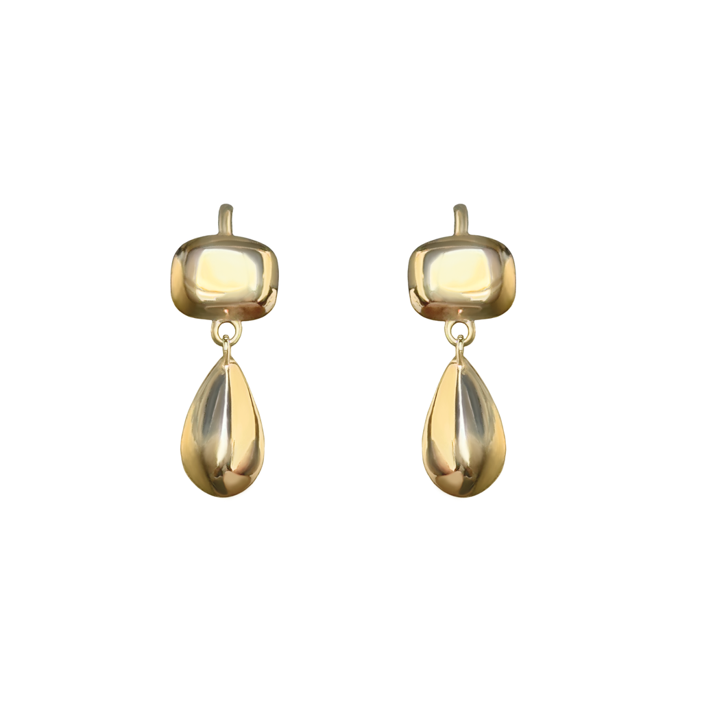 Handmade pair of 10k gold drop earrings with square and teardrop shapes by em jono 