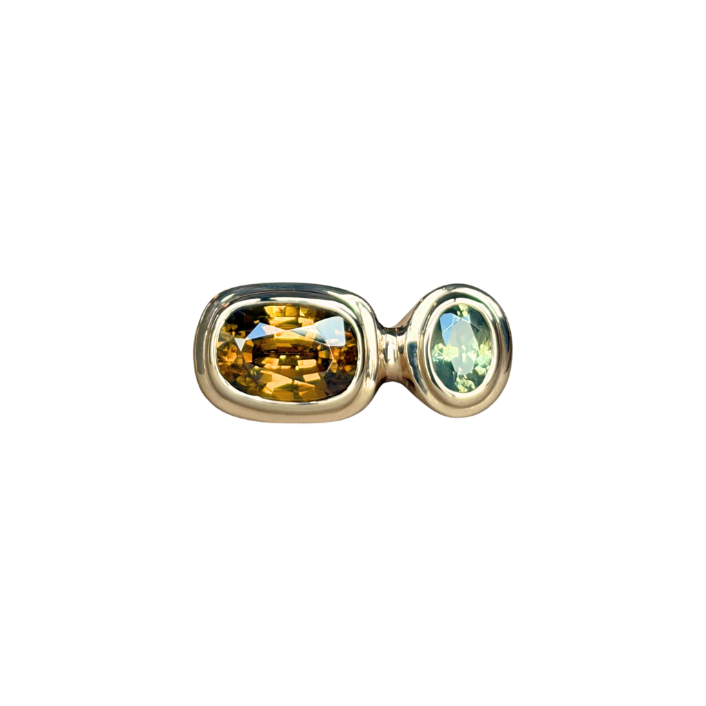 Handmade 14k gold green and brown zircon statement ring by em jono