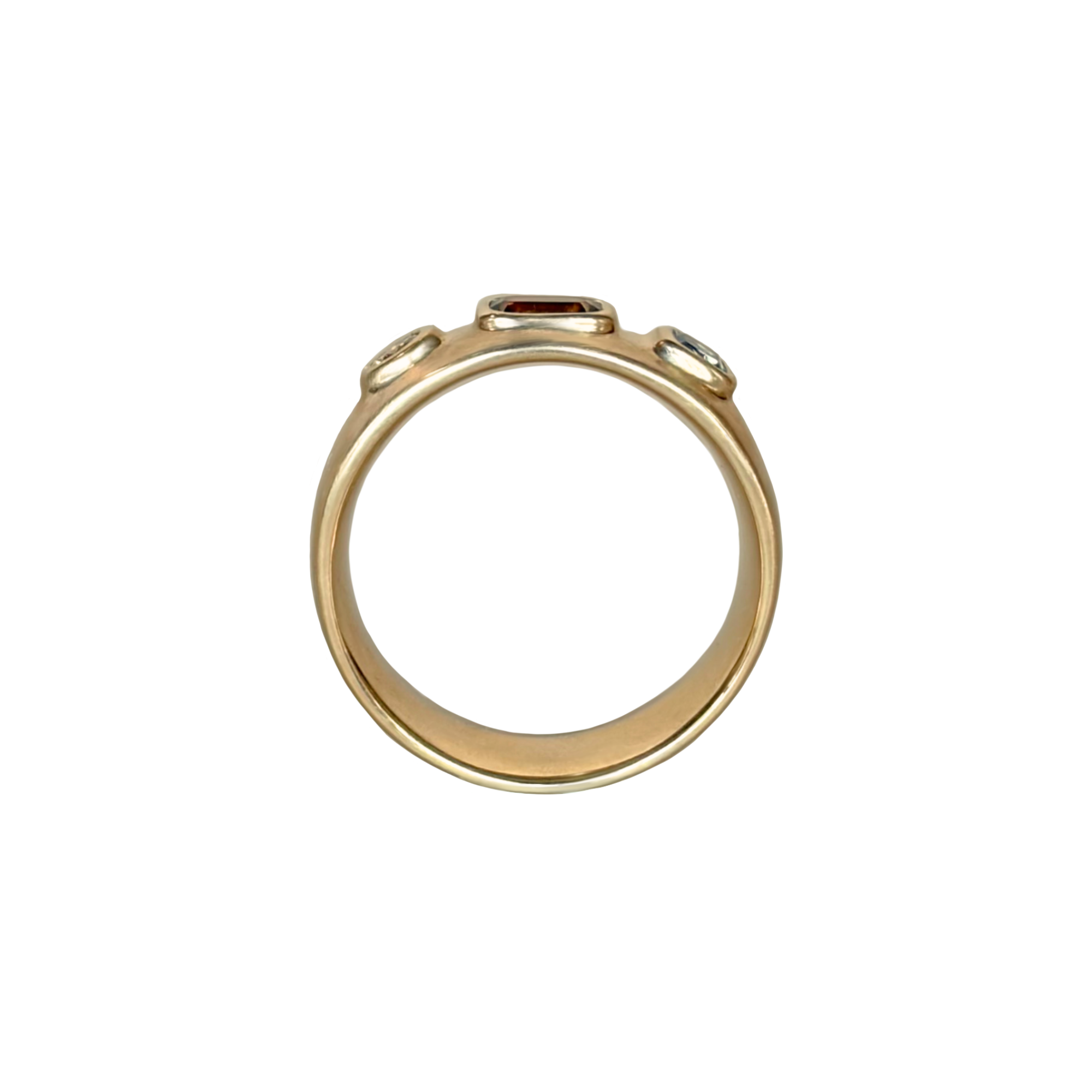 Handmade one of a kind 14k gold cigar band ring with natural blue/red sapphires and brown diamond by em jono