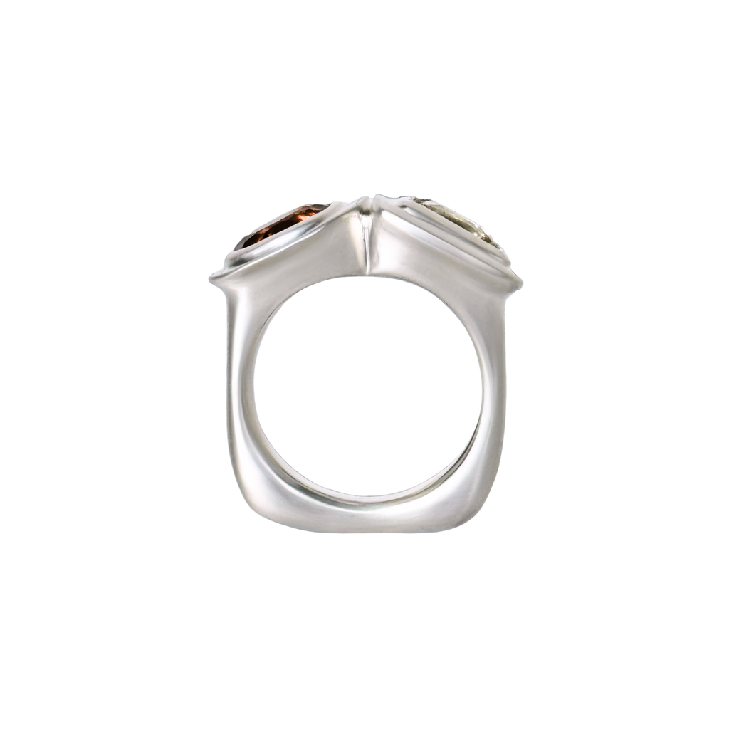  one of a kind handmade sterling silver statement ring with light princess cut citrine as well as a dark oval citrine by em jono 