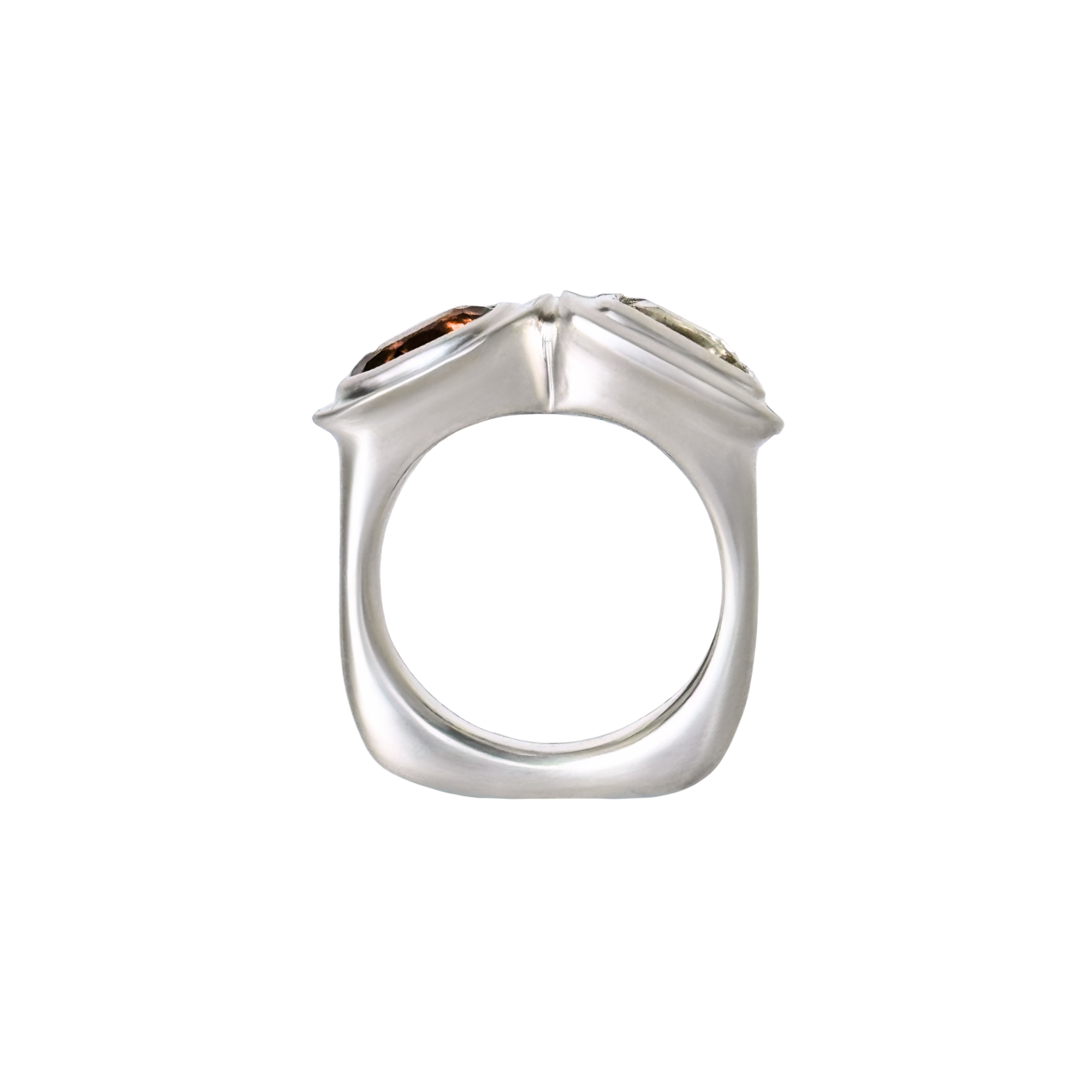 one of a kind handmade sterling silver statement ring with light princess cut citrine as well as a dark oval citrine by em jono 