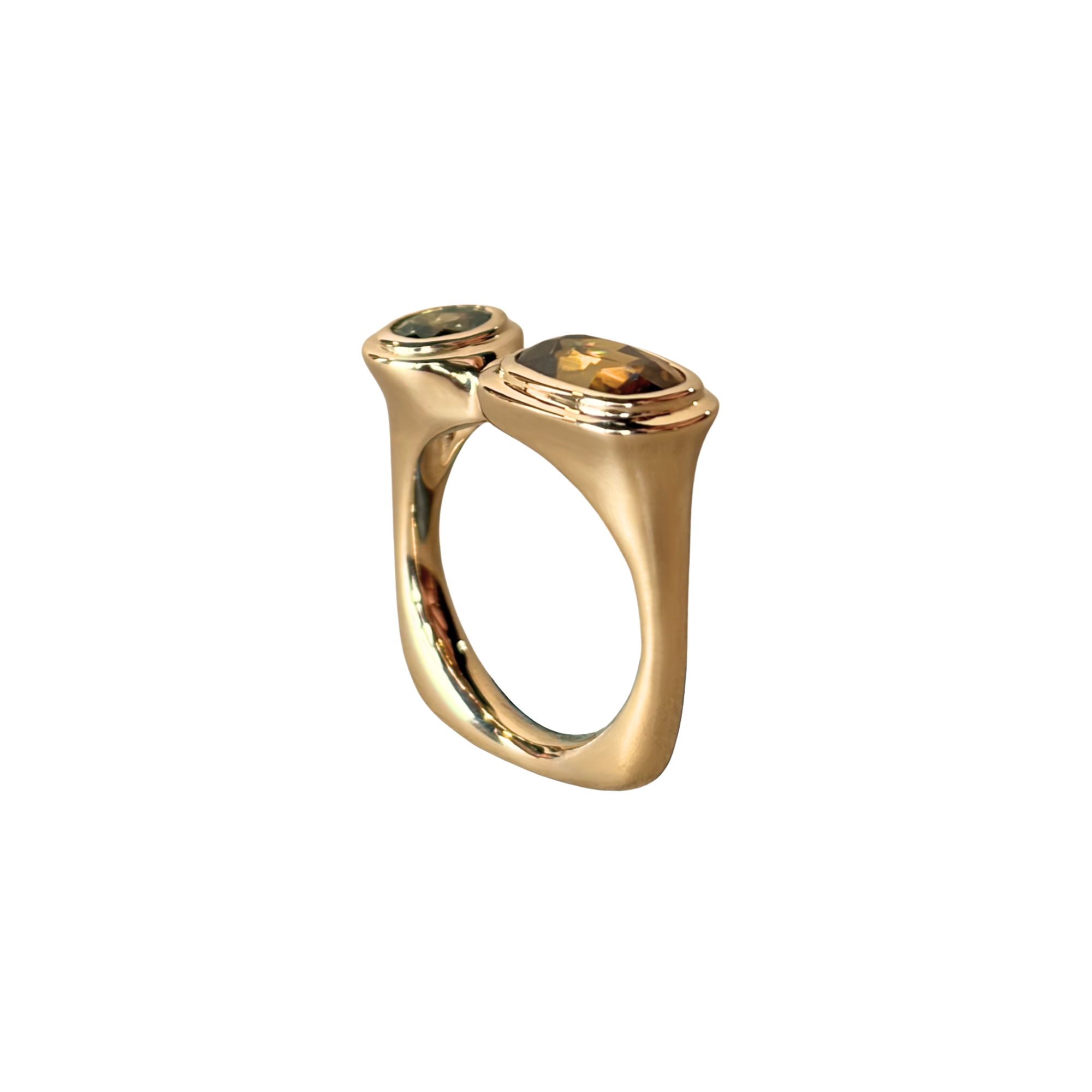 Handmade 14k gold green and brown zircon statement ring by em jono