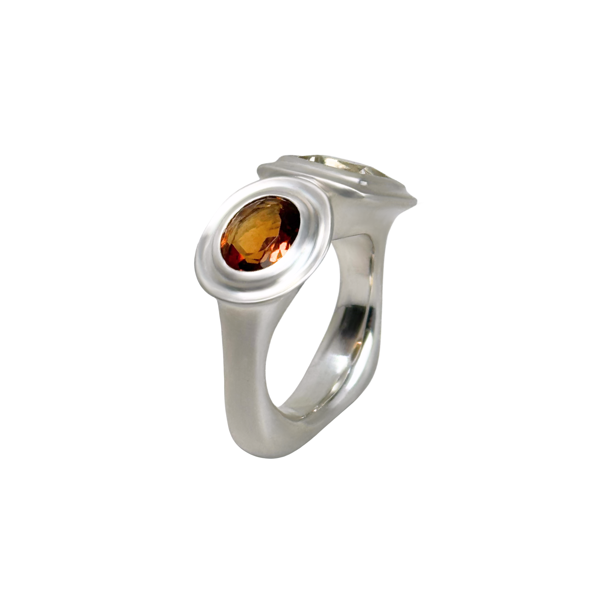  one of a kind handmade sterling silver statement ring with light princess cut citrine as well as a dark oval citrine by em jono 